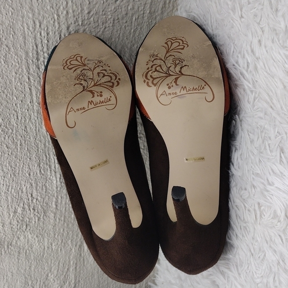 Anne Michelle Flare Brown Multicolored Faux Suede Almond Peep Toe Stiletto Heel - Picture 7 of 16